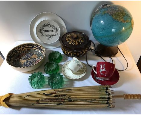 Boxed lot including tongue plate, glass furniture stands, globe etc. 