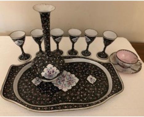 Enamel iiqeuer set 6 glasses decanter and tray with an enamel cup and saucer