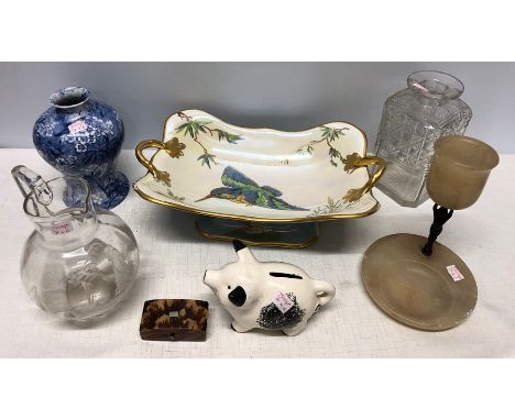 Miscellany to include Carlton Ware dish, Mary Gregory style decorated glass jug, onyx Art Deco dish, snuff box etc. 