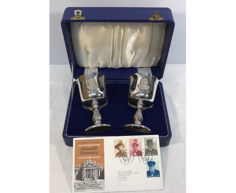 Churchill 1974 commemorative silver goblets limited edition 321 of 500 and first day cover. 