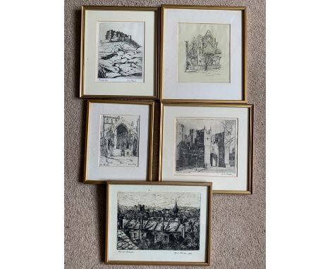 Five framed prints, Marion Rhodes, Castle,Church and Monastery scenes including Bamburgh Castle, Rochester and Melrose Abbey,