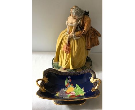 Carltonware dish, restoration to handle, together with plaster figure group. 37cms h.