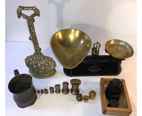 Modern brass &amp; iron scales and weights, brass door stop and pewter jug.