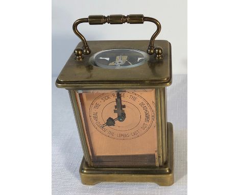 Brass cased carriage clock with an unusual copper face. Heal the sick., Raise the dead, Cut out demons, Cleanse the lepers.