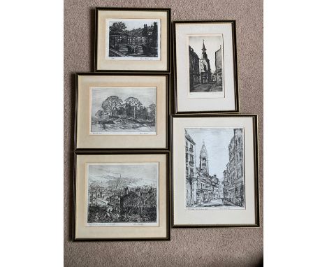 Five framed engraving prints, Marion Rhodes, Town and Country scenes inc. Paris, Bath, Huddersfield. Largest 36.5x27cms.