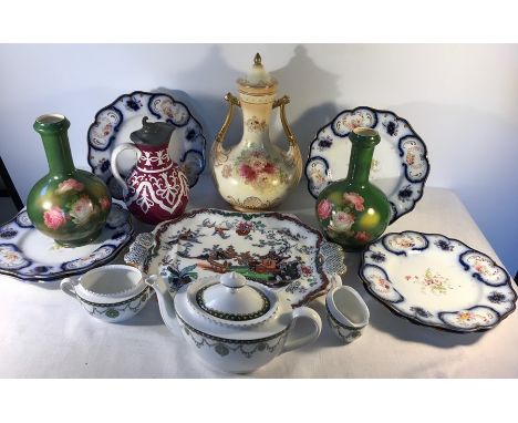 Assorted ceramics including 6 19thC dessert plate Ashworth platter, Fieldings vase. slight a/f, part tea service, slight a/f 