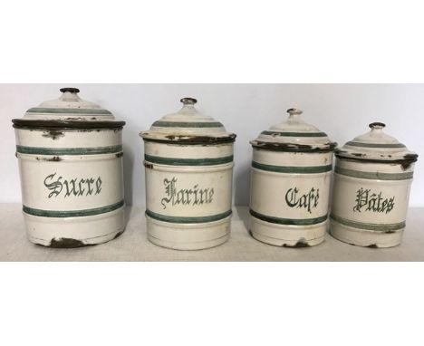 Four graduated French enamel storage jars with lids, Cafe, Farine, Pâtes &amp; Sucre tallest 19cms