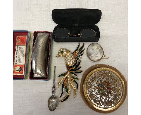 Miscellany including Le Rage powder compact, silver spoon, pince nez shell cameo brooch, Hohner harmonica and enamel and gem 