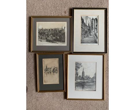Three prints and one pencil drawing by Marion Rhodes. Church scenes including Salisbury, Kelso, Edinburgh and Elgin. Largest 