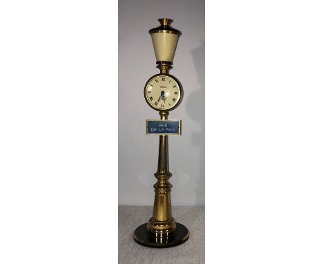 A gilt metal and black JAEGER RUE DE LA PAIX STREET LAMP DESK CLOCK. Movement: Manual wind 8 day movement. Height 28.5cm. No.