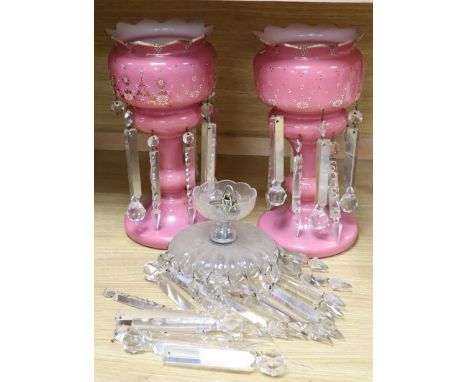 A pair of pink glass lustres (a.f.) and a glass lustre hung ceiling light, 37cm