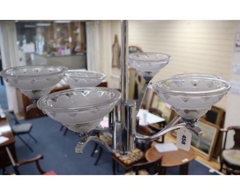 A French Art Deco style chrome plated and frosted glass six light electrolier, height 58cm width 64cmCONDITION: Glass shades 