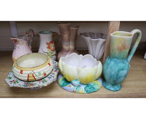A group of post-war Clarice Cliff including a My Garden vase and jug, Water Lily bowl, 21cm wide, Celtic Harvest jug and two 