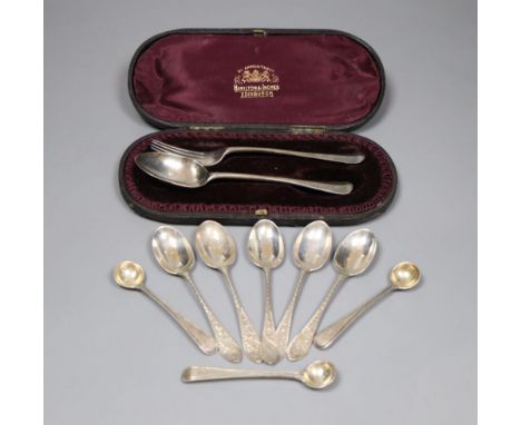 Three Victorian silver beaded old English pattern salt spoons and five other spoons, together with a child's christening silv
