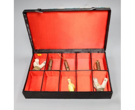 Three Chinese ceramic whistles and three Chinese plated whistles, boxed