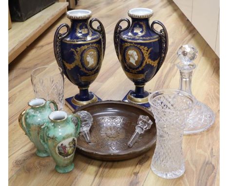 Two pairs of vases, 33cm, glassware and wood plate