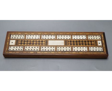 A Victorian Tunbridge Ware cribbage board, 25cm