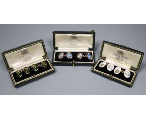 Three assorted cased pairs of 1950's 9ct gold and enamel cufflinks relating to HRH Prince Philip and the Royal Yacht World To