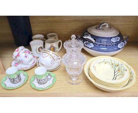A pair of Coalport silver mounted coffee cans and saucers, together with other mixed ceramics and glass