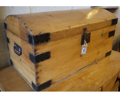 A Victorian iron bound domed top pine trunk, width 79cm, depth 42cm, height 41cm
