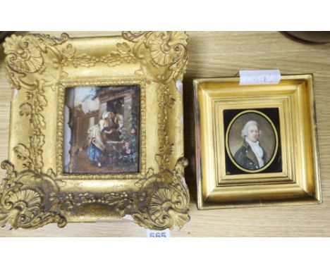 19th century English School, oil on ivory, Portrait miniature of a gentleman, 8 x 6cm and an overpainted print