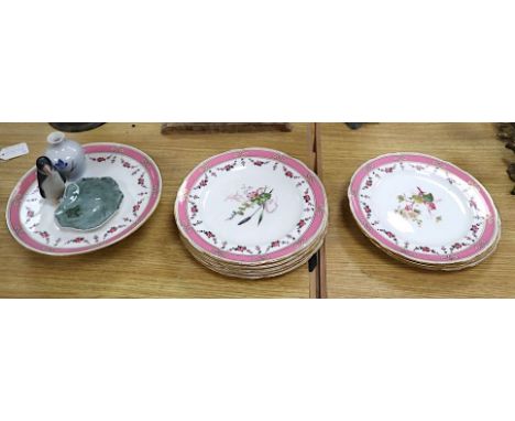 A set of eight floral and gilt dessert plates and comport and a Copenhagen penguin miniature vase and frog leaf dishCONDITION