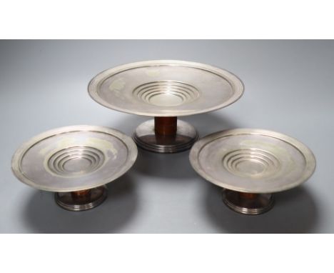 A set of three graduated Art Deco Princes Plate comports, 24cm and 15cm