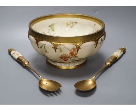 A late Victorian Royal Worcester ivory porcelain salad bowl and servers, with gilt metal mounts, date code 1892, bowl 24cm di