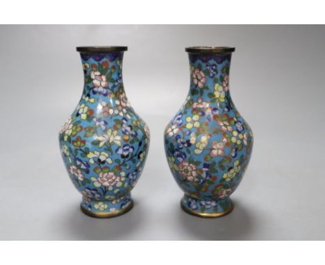 A pair of small Chinese cloisonne vases, 13cmCONDITION: One vase with two dents with damage to enamel colours; the other vase