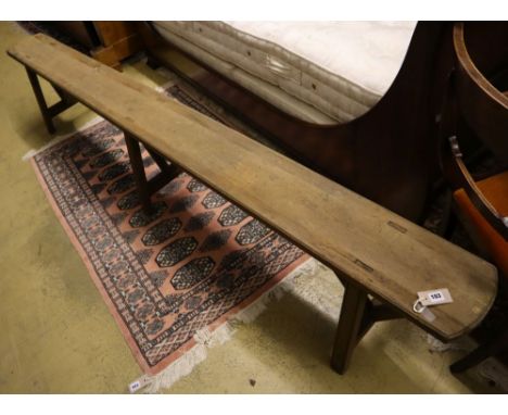 A French provincial painted six leg bench seat, length 259cm, height 44cm