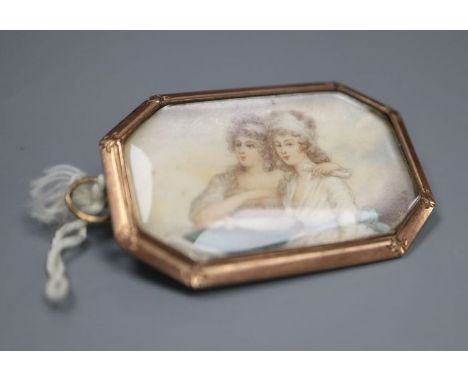 A 19th century yellow metal mounted glazed miniature portrait octagonal brooch, painted with two ladies, 38mm, gross 9.1 gram