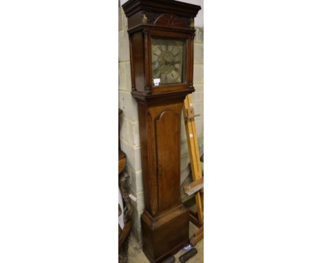 A George III oak eight day longcase clock, brass and silvered dial marked Mercer Hythe, height 218cm