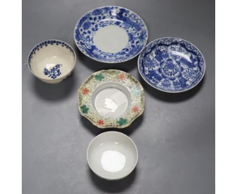 Three Chinese saucers, Chinese tea bowl, 18th century English tea bowl, largest 14cmCONDITION: Largest Chinese dish rim with 