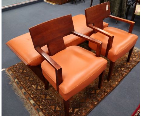 A Contemporary American Bernhardt Furniture Co. hand-made set, pair of armchairs and a bench in mid 20th century style, (abou