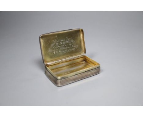 A William IV engine turned silver rectangular snuff box, Nathaniel Mills, Birmingham, 1830, 72mm (a.f.).