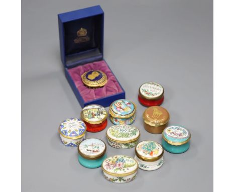 Eleven Halcyon days enamel boxes, one boxed