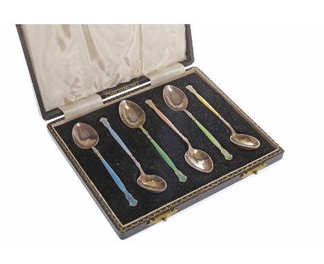 SET OF SIX ELIZABETH II SILVER AND QUILLOCHE ENAMEL COFFEE SPOONSmaker Henry Clifford Davis, Birmingham 1957, the spoons with