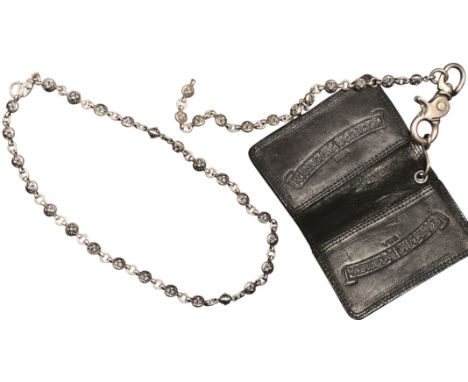 CHROME HEARTS 2006 STERLING SILVER NECKLACE &amp; KEY CHAIN/LEATHER WALLET. A stamped and dated Chrome Hearts necklace, measu