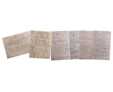 HANDWRITTEN LYRICS/GUITAR NOTATION. Assorted notepad pages, each bearing handwritten lyrics/guitar notations. “This is an int