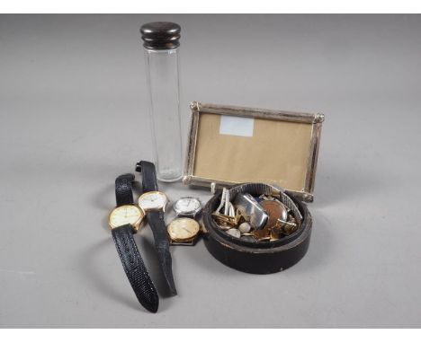 A pair of 9ct gold cufflinks, 5.3g, various other cufflinks, a silver topped dressing table jar, a number of wristwatches and