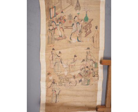 A circa 19th century Chinese/Korean watercolour "scroll", court scene, 48" x 14"Condition:Main image has folds and some surfa