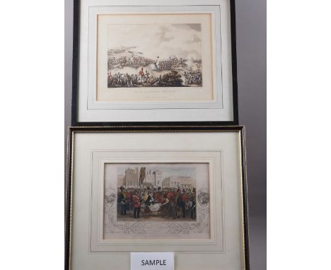 A 19th century hand-coloured engraving, "Her Majesty distributing the Crimea medals 1856", an early 19th century aquatint, "B