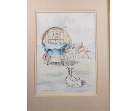 Juliet Jeffrey, watercolour sketch, gypsy caravan, 14 1/2" x 10", in gilt frame, a watercolour, and a number of other waterco