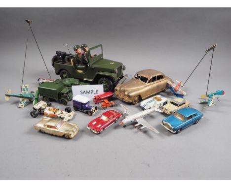 A quantity of mostly die-cast model vehicles, including a Dinky Toys model Cunningham C-5R, a Dinky Toys "Army Wagon" a tin-p