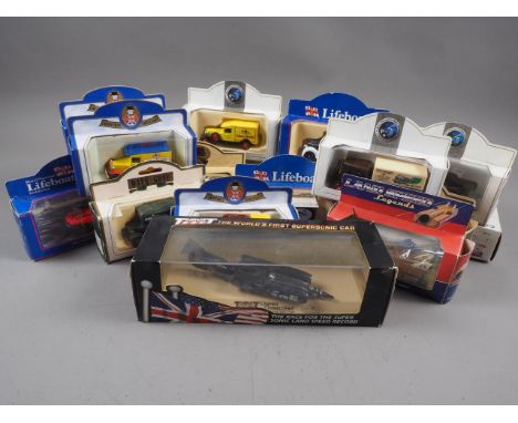 A Corgi Classic Commercial closed top tram, a die-cast model of Thrust SSC and a number of other die-cast Days Gone models, e