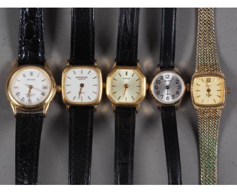 A lady's gold plated Raymond Weil wristwatch with white enamel dial and four other lady's wristwatches, various 