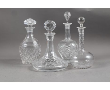 A cut glass spirit decanter, two cut glass sherry decanters and a cut glass ship's decanter, tallest 12 1/2" high 