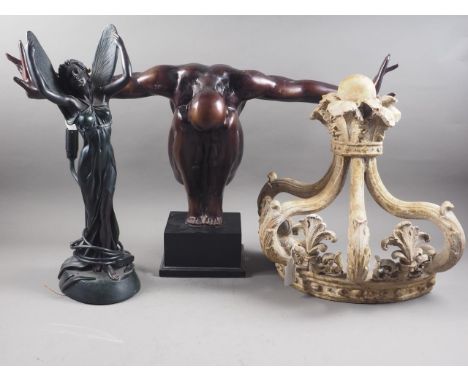 An Art Nouveau style composition table lamp, 22 1/2" high, a bronzed metal model of a posed figure and a composition French b