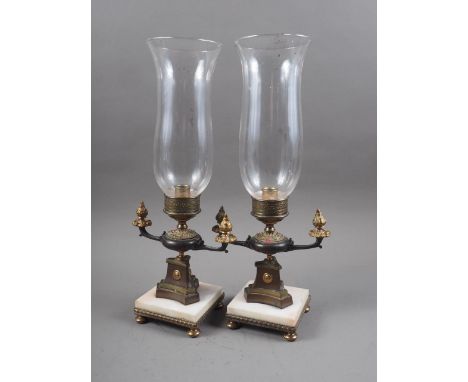 A pair of Regency design two-branch single light storm lanterns, on square marble bases, 16" highCondition:There are some bub