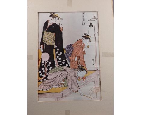 A Japanese colour print, geisha lighting fireworks, unframed